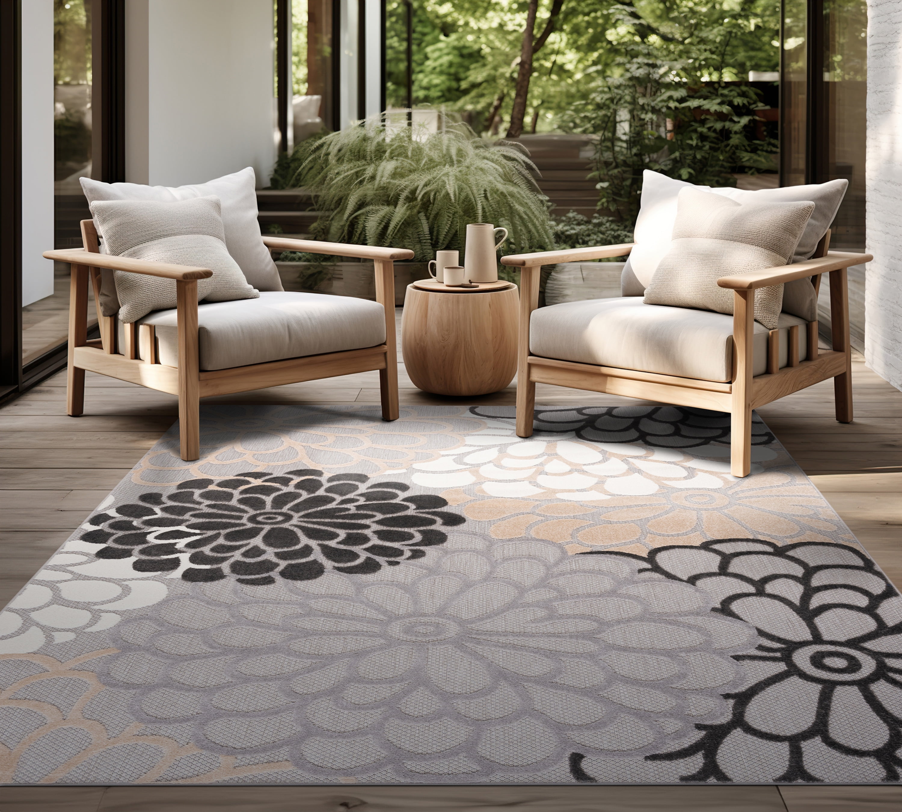 Oasis Modern Floral Beige and Cream Polypropylene Indoor Outdoor Area Rug, 8'x10' Rectangle