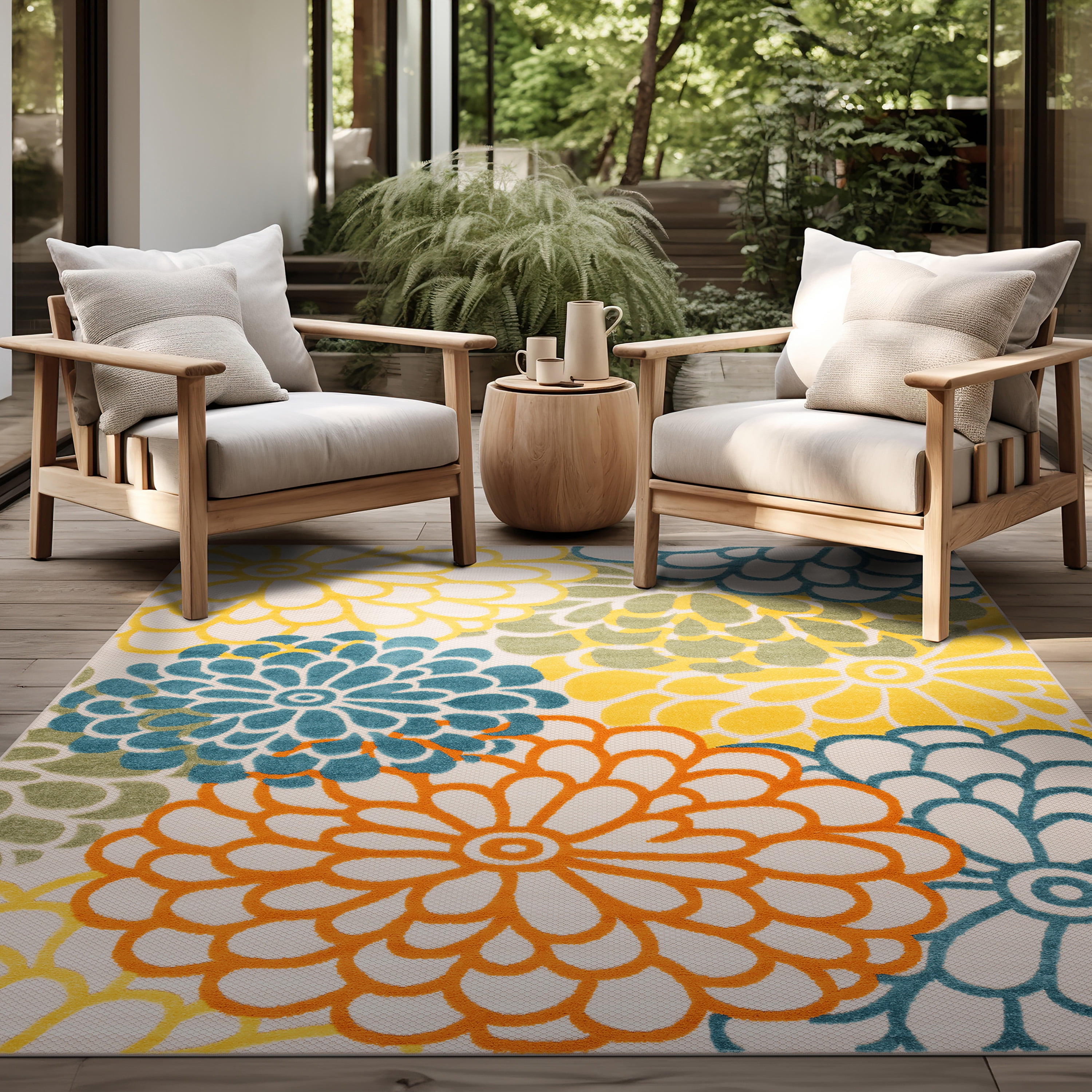 Oasis Modern Floral Gold and Orange Polypropylene Indoor Outdoor Area Rug, 7'x9' Rectangle