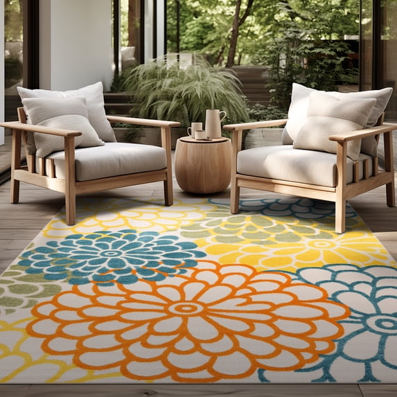 Oasis Modern Floral Gold and Orange Polypropylene Indoor Outdoor Area Rug, 7'x9' Rectangle