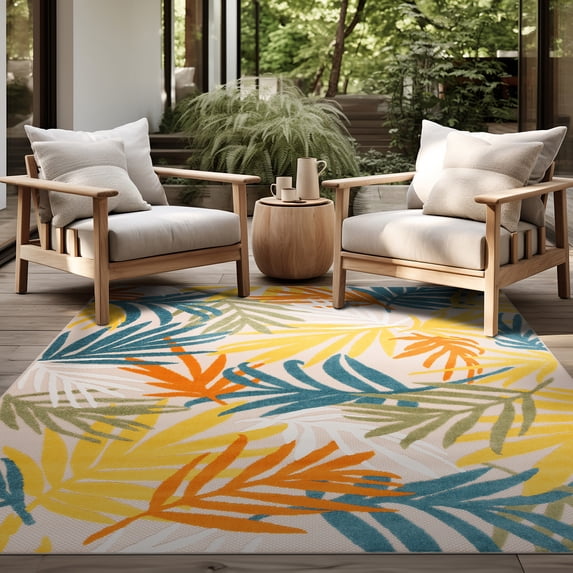Oasis Modern Floral Gold and Orange Polypropylene Indoor Outdoor Area Rug, 7'x9' Rectangle