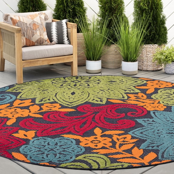 Oasis Modern Floral Navy and Aqua Polypropylene Indoor Outdoor Area Rug, 5'x5' Round