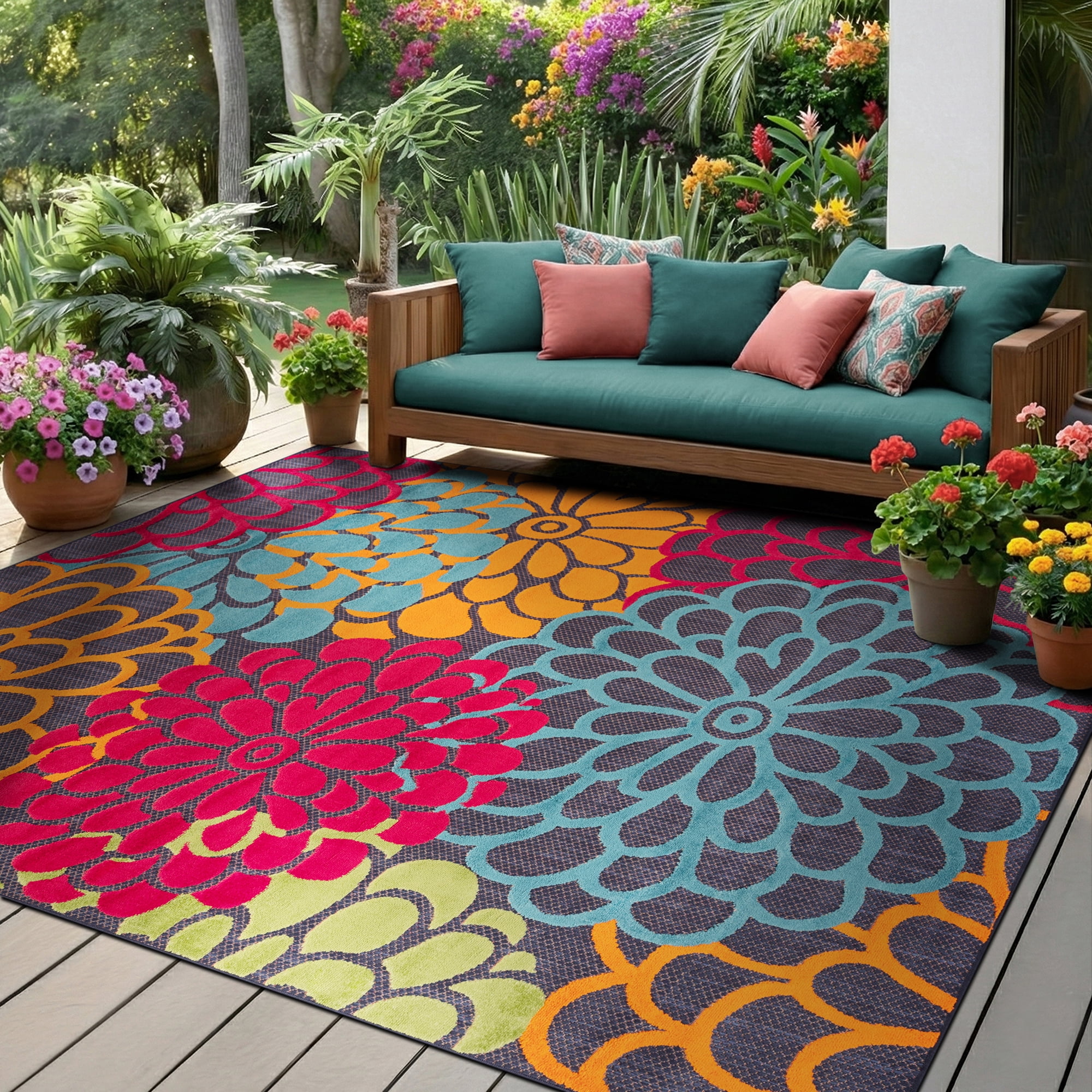 Oasis Modern Floral Navy and Aqua Polypropylene Indoor Outdoor Area Rug, 7'x9' Rectangle