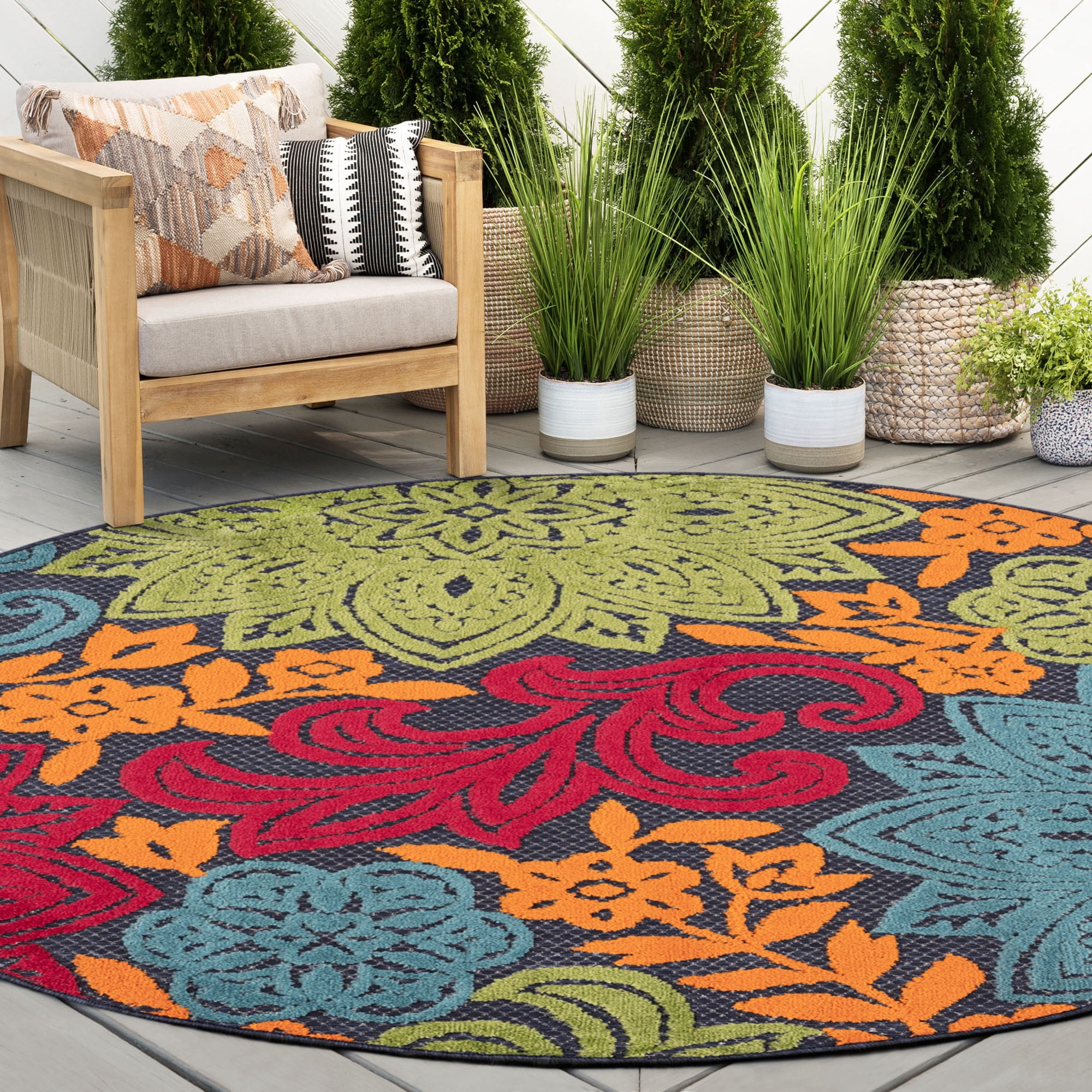 Oasis Modern Floral Navy and Aqua Polypropylene Indoor Outdoor Area Rug, 8'x8' Round