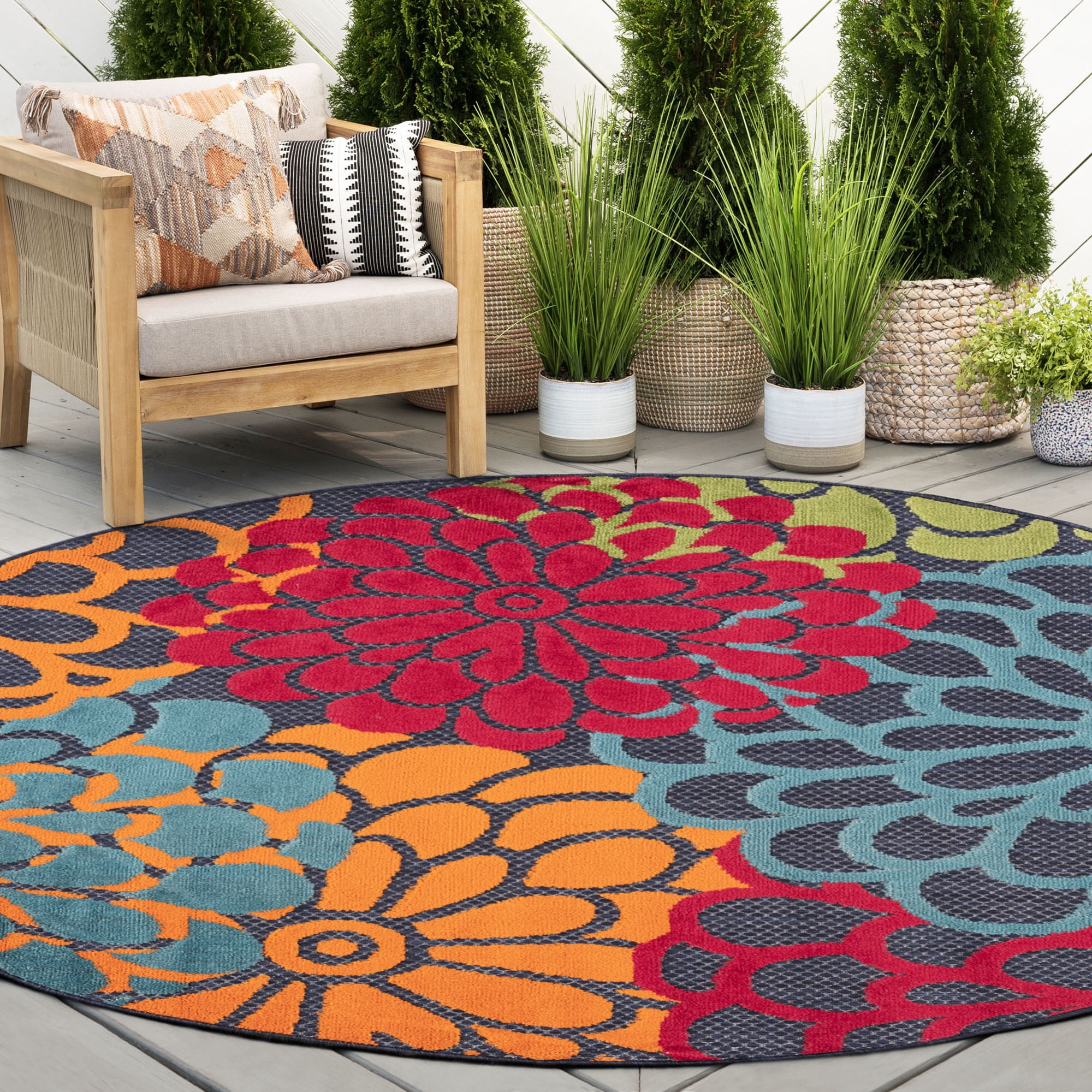 Oasis Modern Floral Navy and Aqua Polypropylene Indoor Outdoor Area Rug, 8'x8' Round