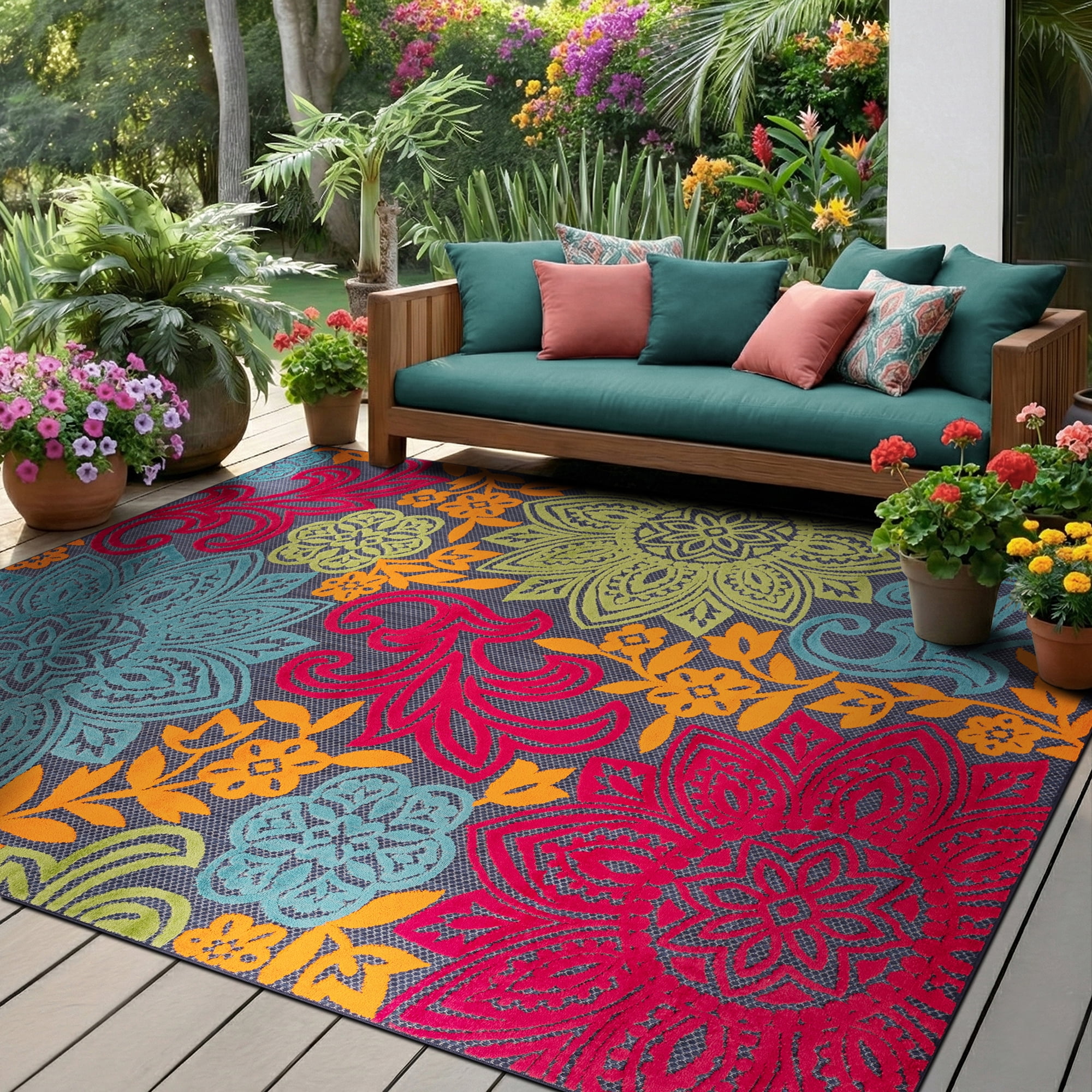 Oasis Modern Floral Navy and Aqua Polypropylene Indoor Outdoor Area Rug, 9'x12' Rectangle