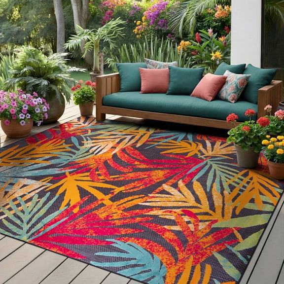Oasis Modern Floral Navy and Gold Polypropylene Indoor Outdoor Area Rug, 9'x12' Rectangle