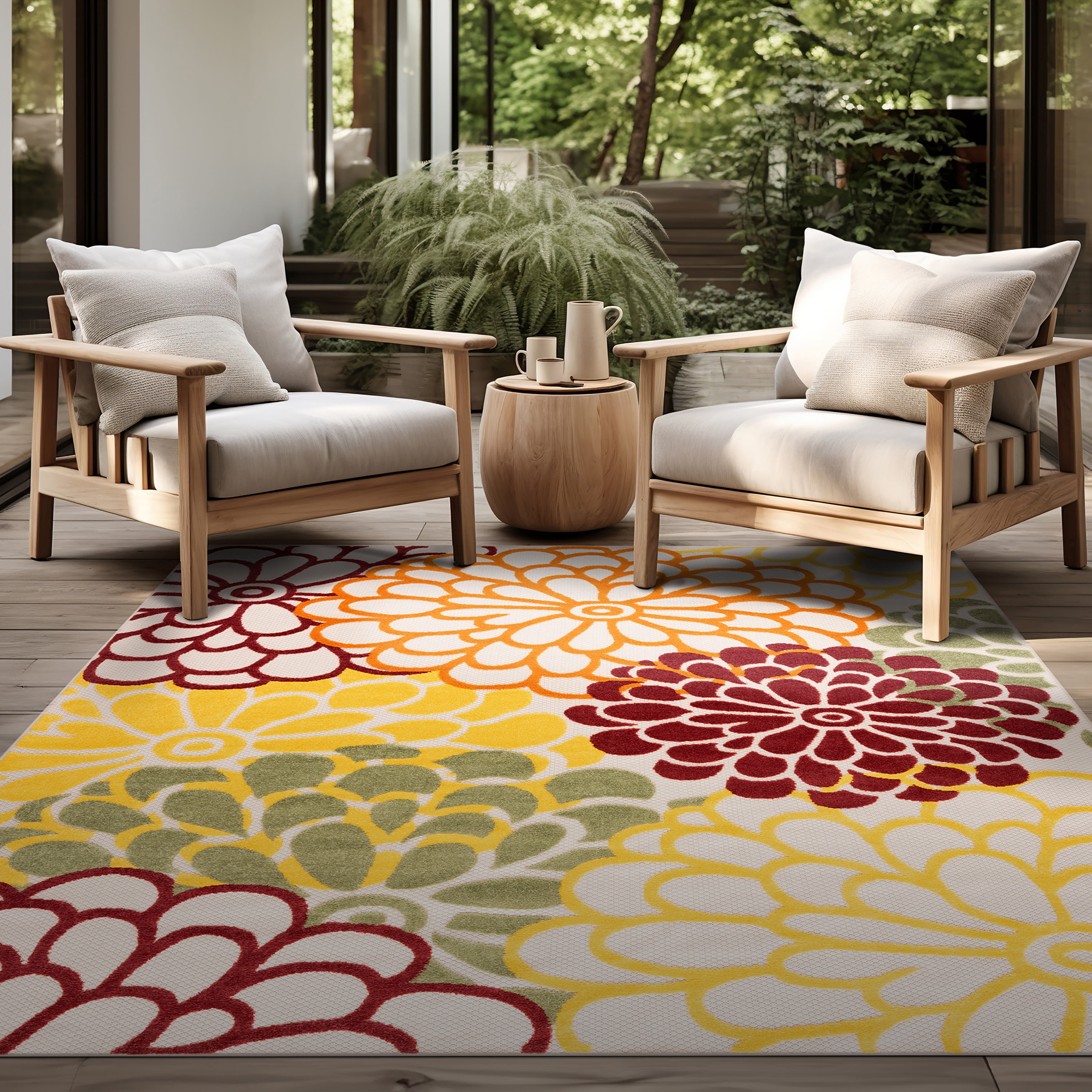 Oasis Modern Floral Red and Green Polypropylene Indoor Outdoor Area Rug, 7'x9' Rectangle