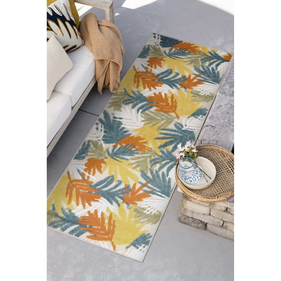 Oasis Modern Floral Gold Polypropylene Indoor Outdoor Runner Rug, 2'x8' Rectangle