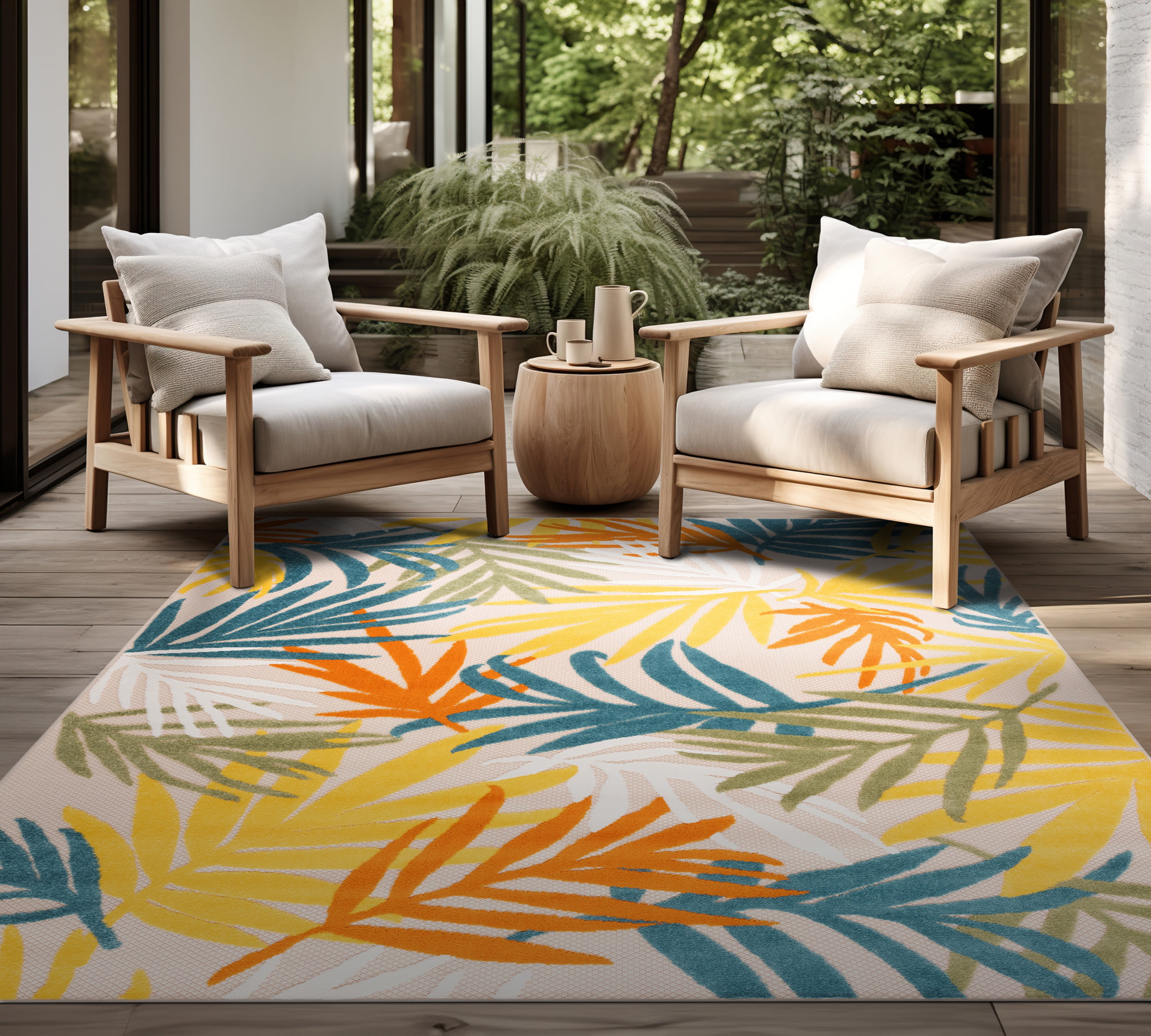 Oasis Modern Floral Gold Polypropylene Indoor Outdoor Area Rug, 5'x7' Rectangle