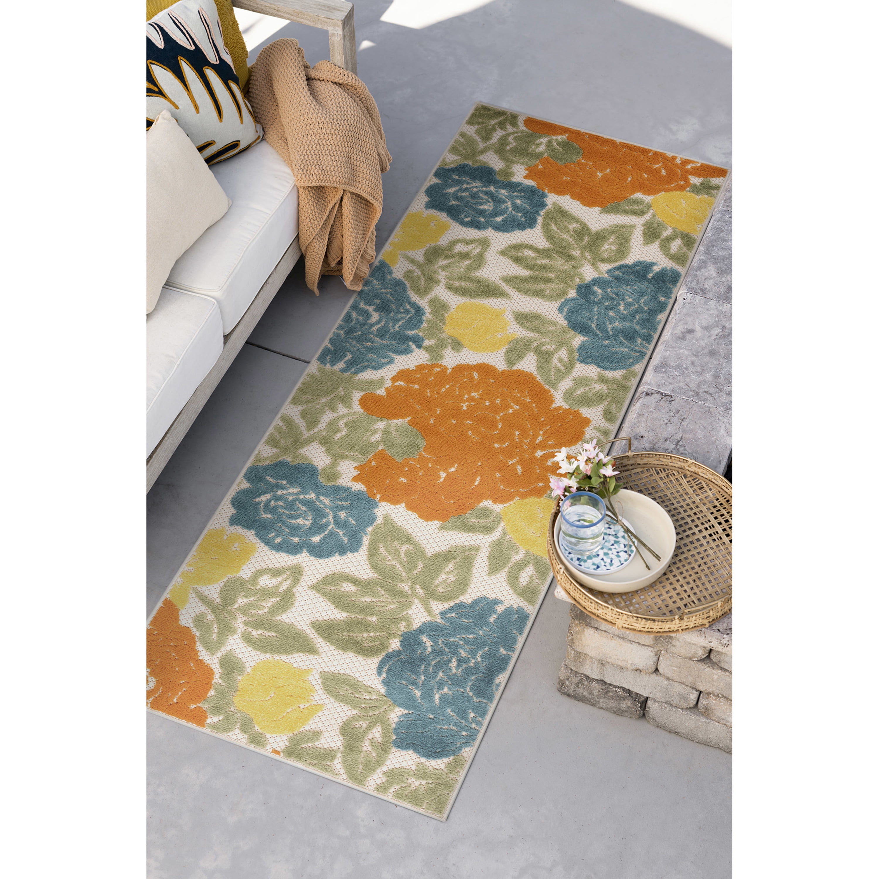 Oasis Modern Floral Gold and Orange Polypropylene Indoor Outdoor Runner Rug, 2'x8' Rectangle