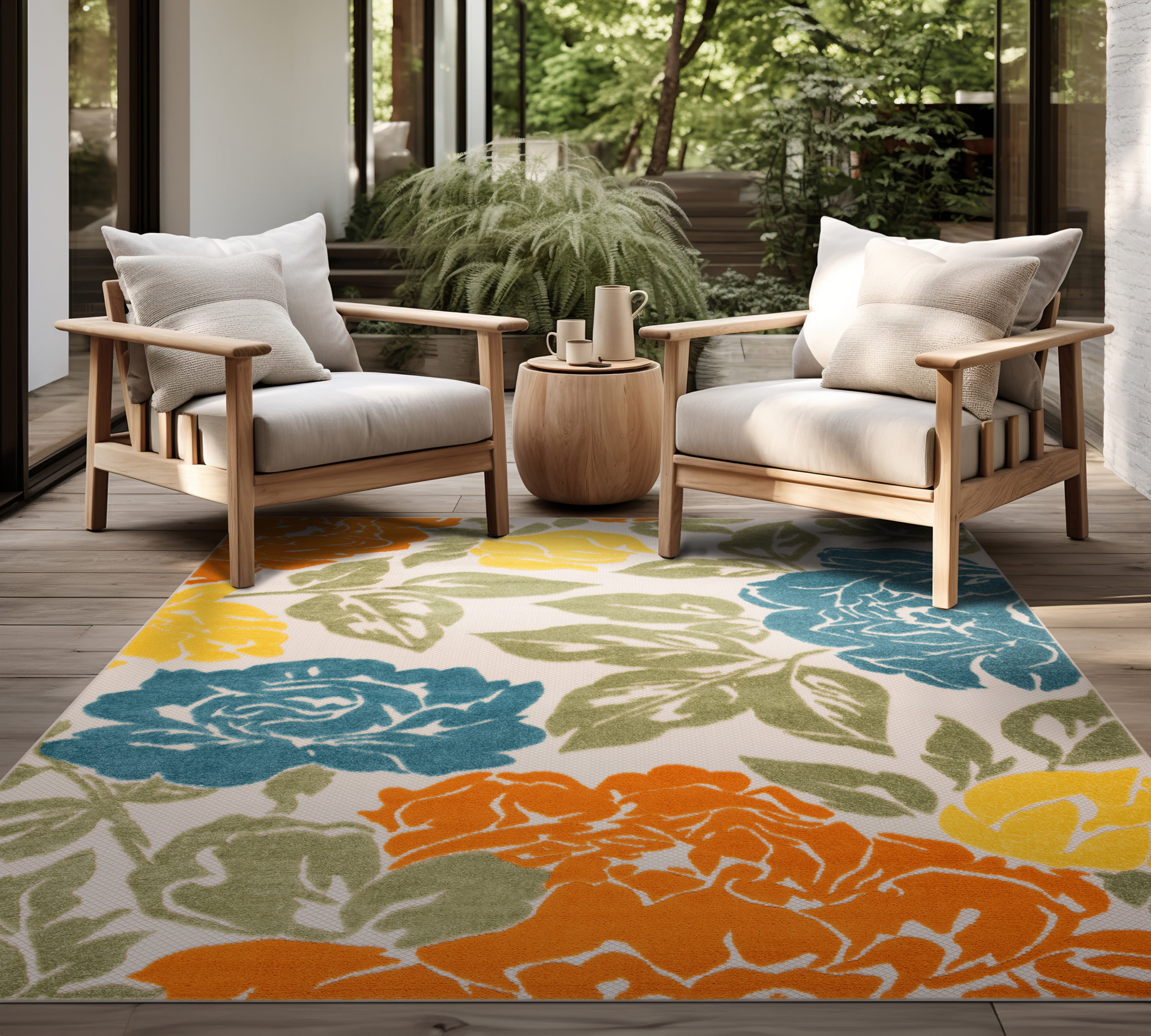 Oasis Modern Floral Gold Polypropylene Indoor Outdoor Area Rug, 5'x7' Rectangle