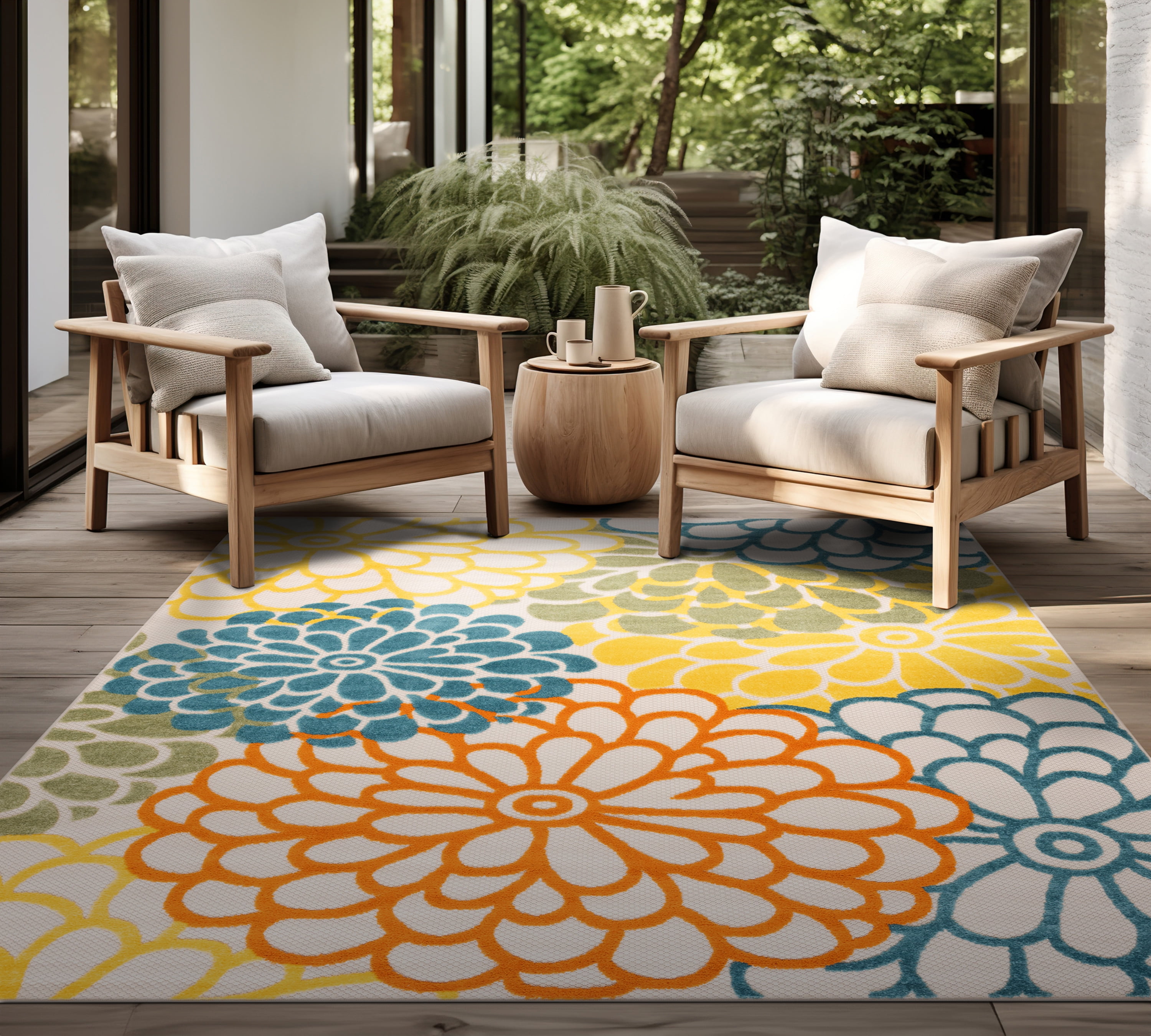 Oasis Modern Floral Gold and Orange Polypropylene Indoor Outdoor Area Rug, 9'x12' Rectangle