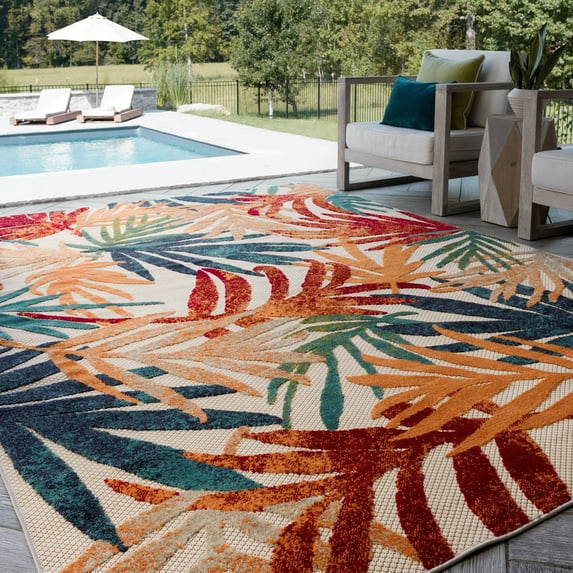 Oasis Modern Floral Multicolor Polypropylene Indoor Outdoor Area Rug, 7'x9' Rectangle