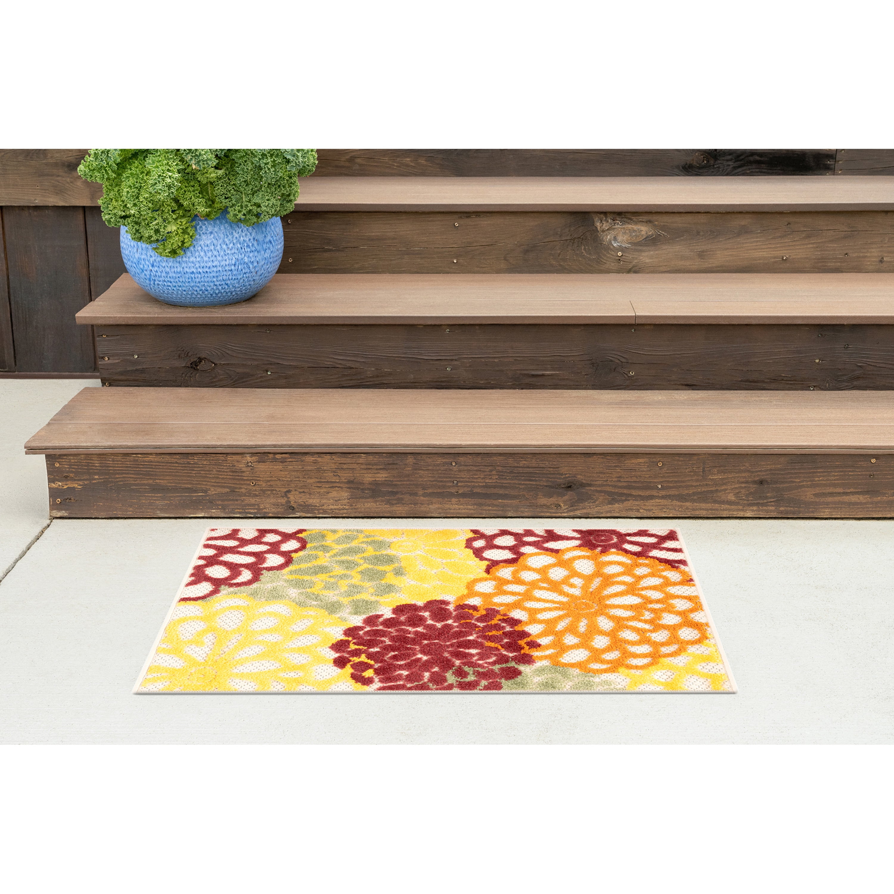 Red Yellow Rugs Oasis Modern Floral Red and Green Polypropylene Indoor Outdoor Area Rug ...