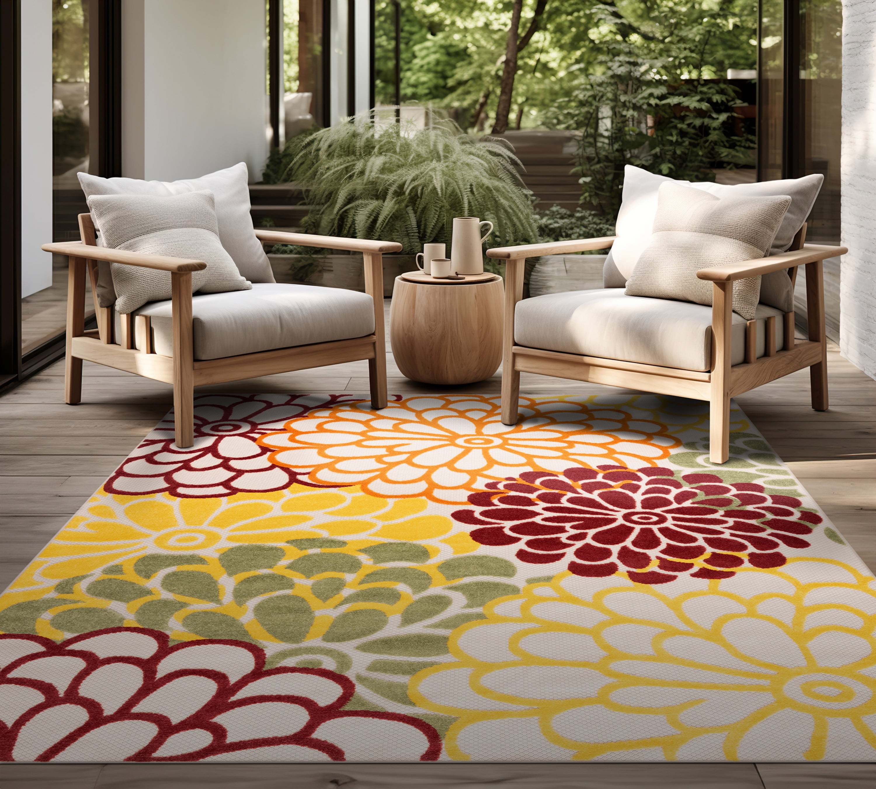 Oasis Modern Floral Red and Green Polypropylene Indoor Outdoor Area Rug, 9'x12' Rectangle