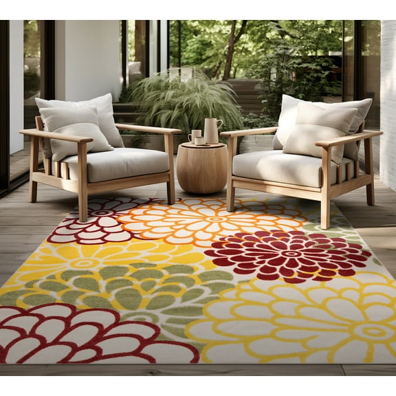 Oasis Modern Floral Red and Green Polypropylene Indoor Outdoor Area Rug, 9'x12' Rectangle