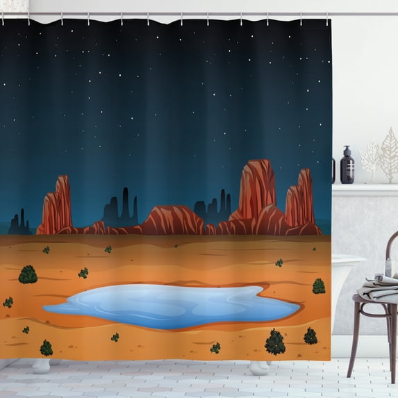 Oasis Shower Curtain, Illustration of Arizona Landscape at Night Pond and a Starry Sky, Fabric Bathroom Set with Hooks, 69W X 84L Inches Extra Long, Dark Night Blue and Multicolor, by Ambesonne