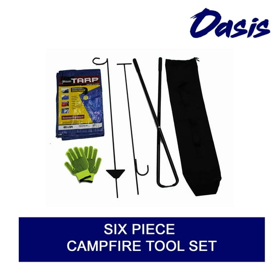 Oasis Six Piece Campfire Tool Set - Handcrafted, Black Powder Coated, 40" Steel Tools, Gloves, Tarp And Carry Bag Included