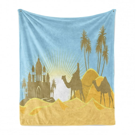 Oasis Soft Flannel Fleece Throw Blanket, Palace in the Desert Surrounded by Palm Trees Camels, Cozy Plush for Indoor and Outdoor Use, 70" x 90", Khaki Blue, by Ambesonne