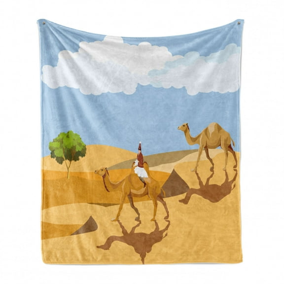 Oasis Soft Flannel Fleece Throw Blanket, Woman in Traditional Clothes Riding a Camel in the Desert Traits Activities, Cozy Plush for Indoor and Outdoor Use, 50" x 60", Multicolor, by Ambesonne