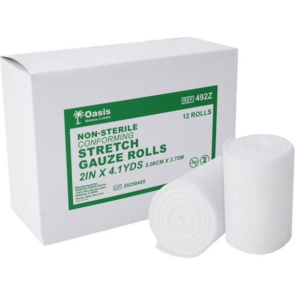 Oasis Stretch Gauze Rolls, 2 in x 4.1 Yards, Latex Free, Conforming Non-Sterile Gauze, 12/Pack