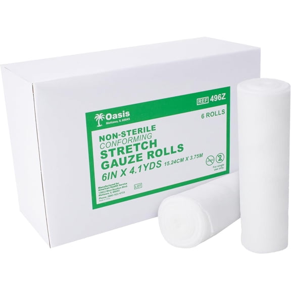 Oasis Stretch Gauze Rolls, 6 in x 4.1 Yards, Latex Free, Conforming Non-Sterile Gauze, 12/Pack