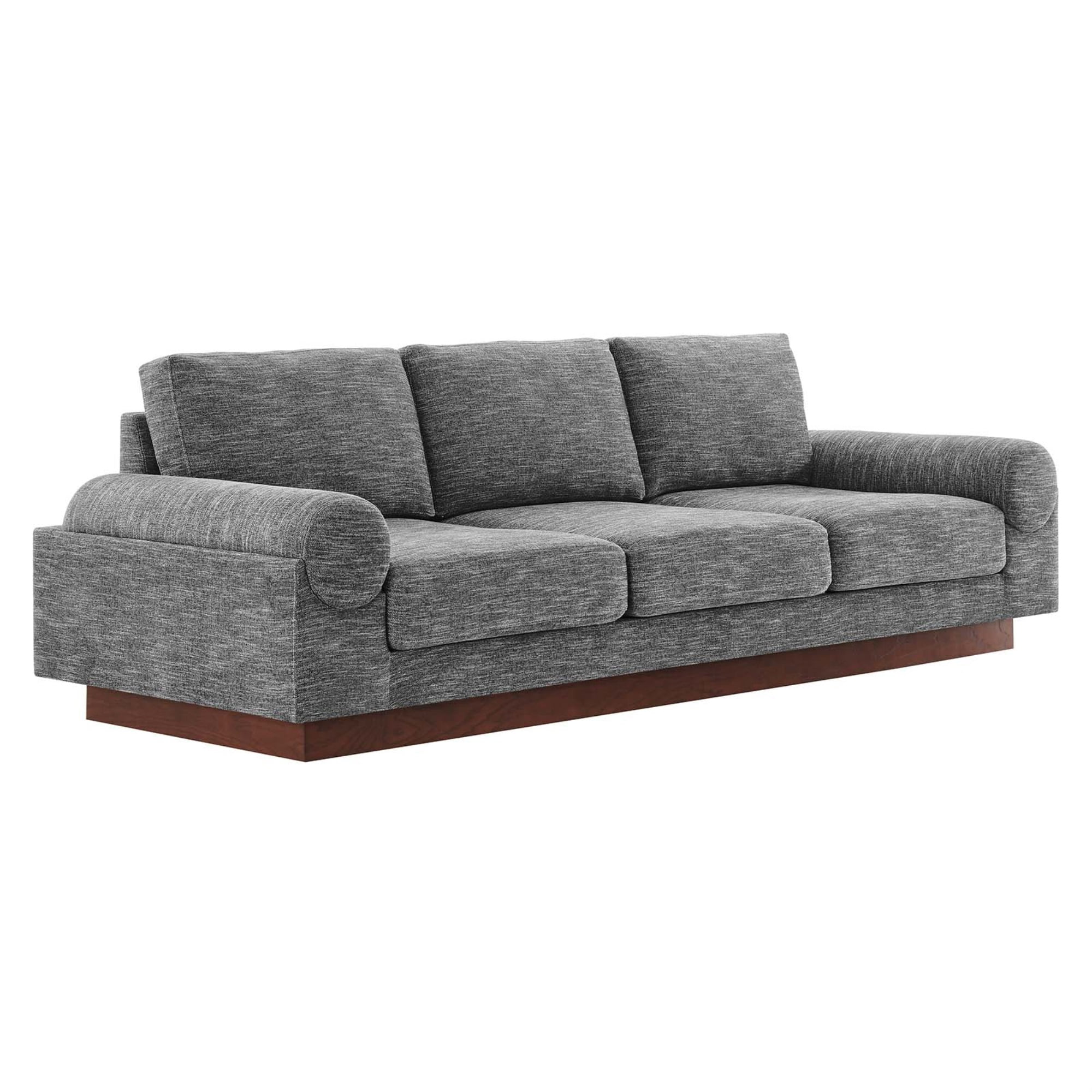 Gray Faux Leather Modern Sofa with Brown Wood Base