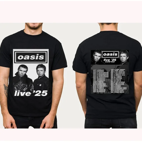 Oasis - World Tour 2025 Two Sided T-Shirt,Black Color,Size L