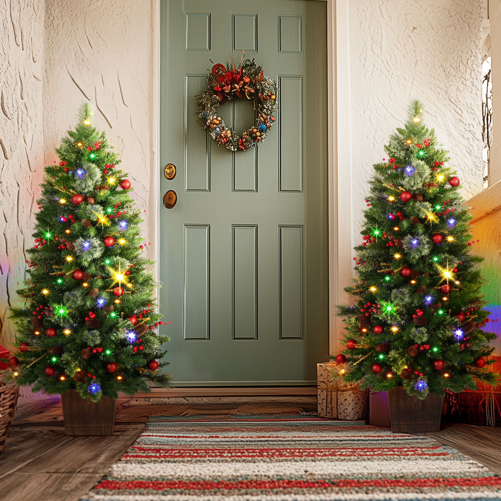 OasisCraft 2 Pack 4FT Pre-Lit Christmas Tree Outdoor with Pine Cones & Red Berries LED Lights