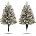 thumbnail image 1 of OasisCraft 24 Inch Outdoor Christmas Tree 2 Set, Pre-lit Mini Flocked Christmas Tree Artificial Pathway Xmas Tree 50 LED with Red Berries, Pinecones for Porch Holiday Decor, Green, 1 of 8