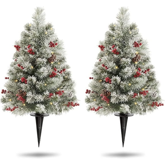 OasisCraft 24 Inch Outdoor Christmas Tree 2 Set, Pre-lit Mini Flocked Christmas Tree Artificial Pathway Xmas Tree 50 LED with Red Berries, Pinecones for Porch Holiday Decor, Green