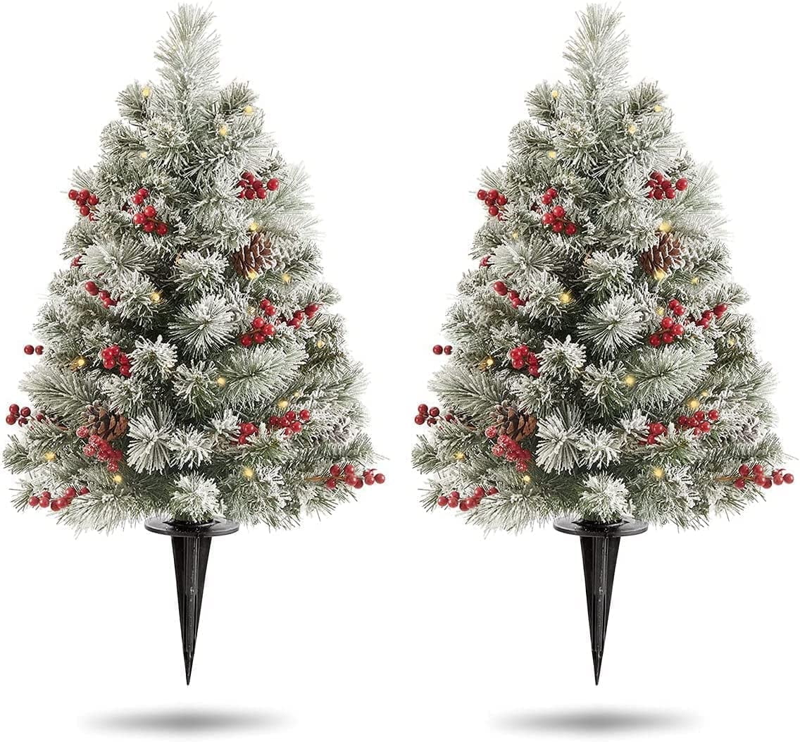 OasisCraft 24 Inch Outdoor Christmas Tree 2 Set, Pre-lit Mini Flocked Christmas Tree Artificial Pathway Xmas Tree 50 LED with Red Berries, Pinecones for Porch Holiday Decor, Green