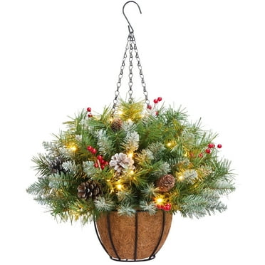 OasisCraft 25.6x15.7 inch Pre-lit Artificial Christmas Hanging Basket with 50 Battery-Operated LED Lights Decor with Pinecones Red Berries
