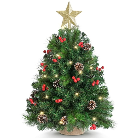 OasisCraft 2ft Tabletop Christmas Tree, Pre-Lit Christmas Tree with Star Treetop, Mini Christmas Tree with Clear LED Lights, Artificial Xmas Tree with Burlap Base