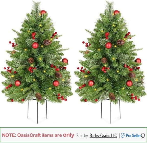 OasisCraft 3ft Pre-Lit Christmas Tree Set of 2, LED Porch Decorations, 260 Branch Tips Lush, Pine Cones