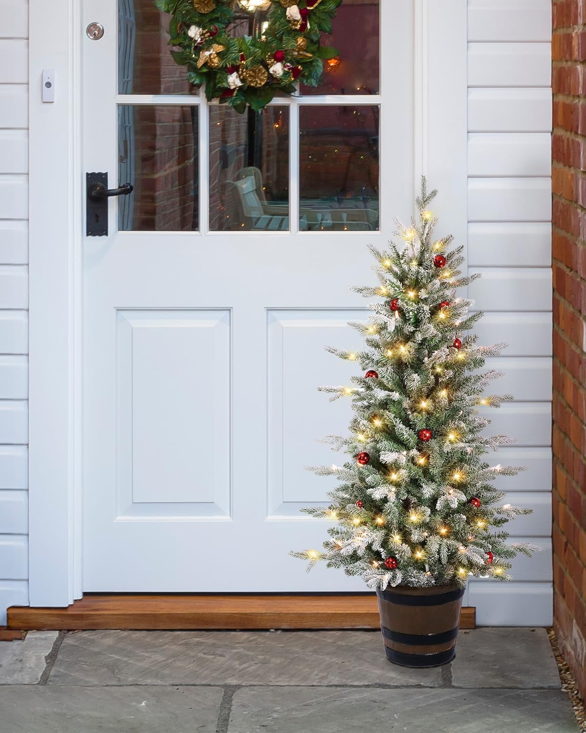 OasisCraft 4.5FT Potted Snow Flocked Arctic Fir Artificial Christmas Tree, Prelit Premium PVC