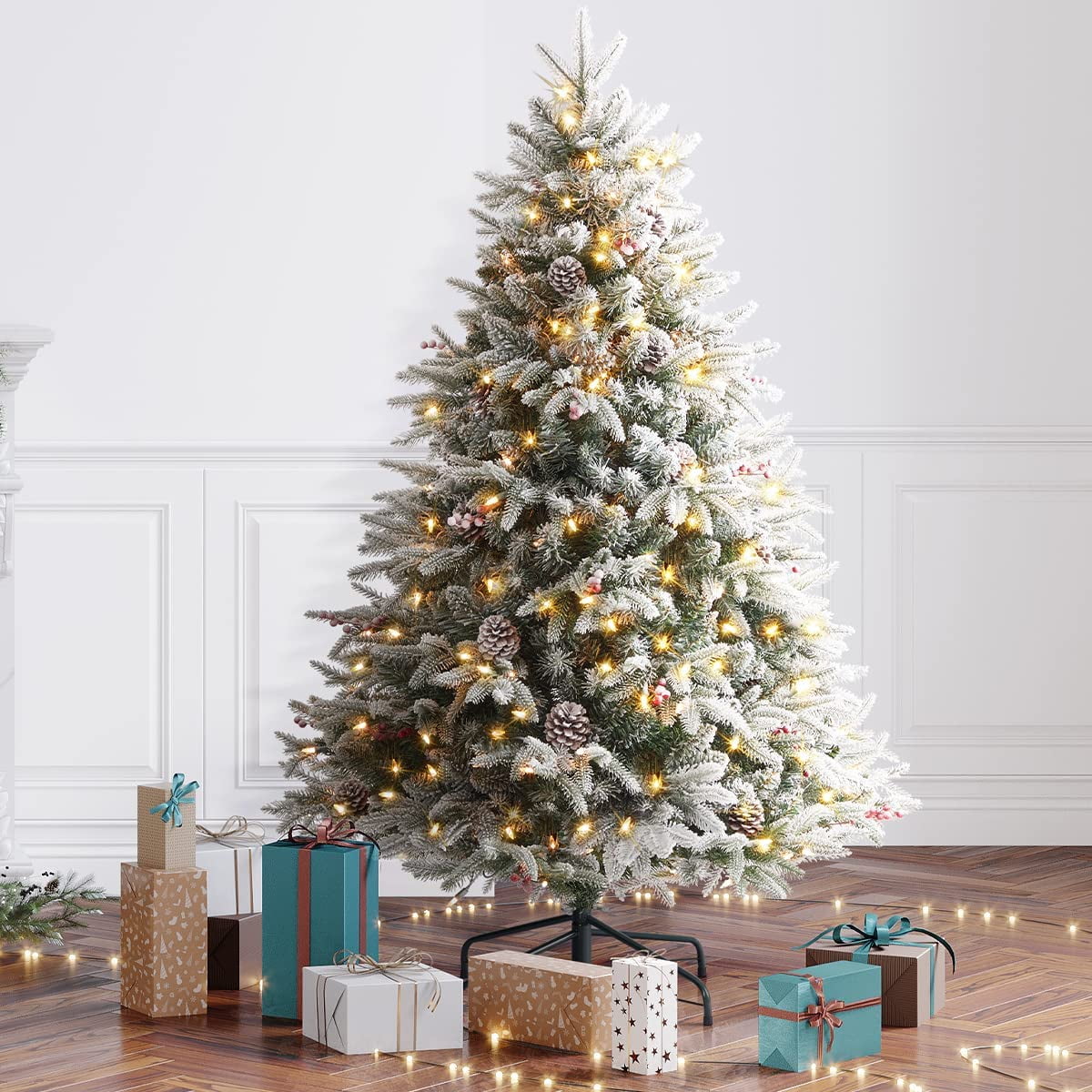 OasisCraft 4.5FT Snow Flocked Christmas Tree, Pre-Lit Premium for ...