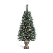 OasisCraft 4FT Christmas Tree, Pre-lit Artificial Christmas Tree with Flowerpot Base, Small Entrance Christmas Tree with LED Lights, Outdoor Christmas Tree with Pine Cones