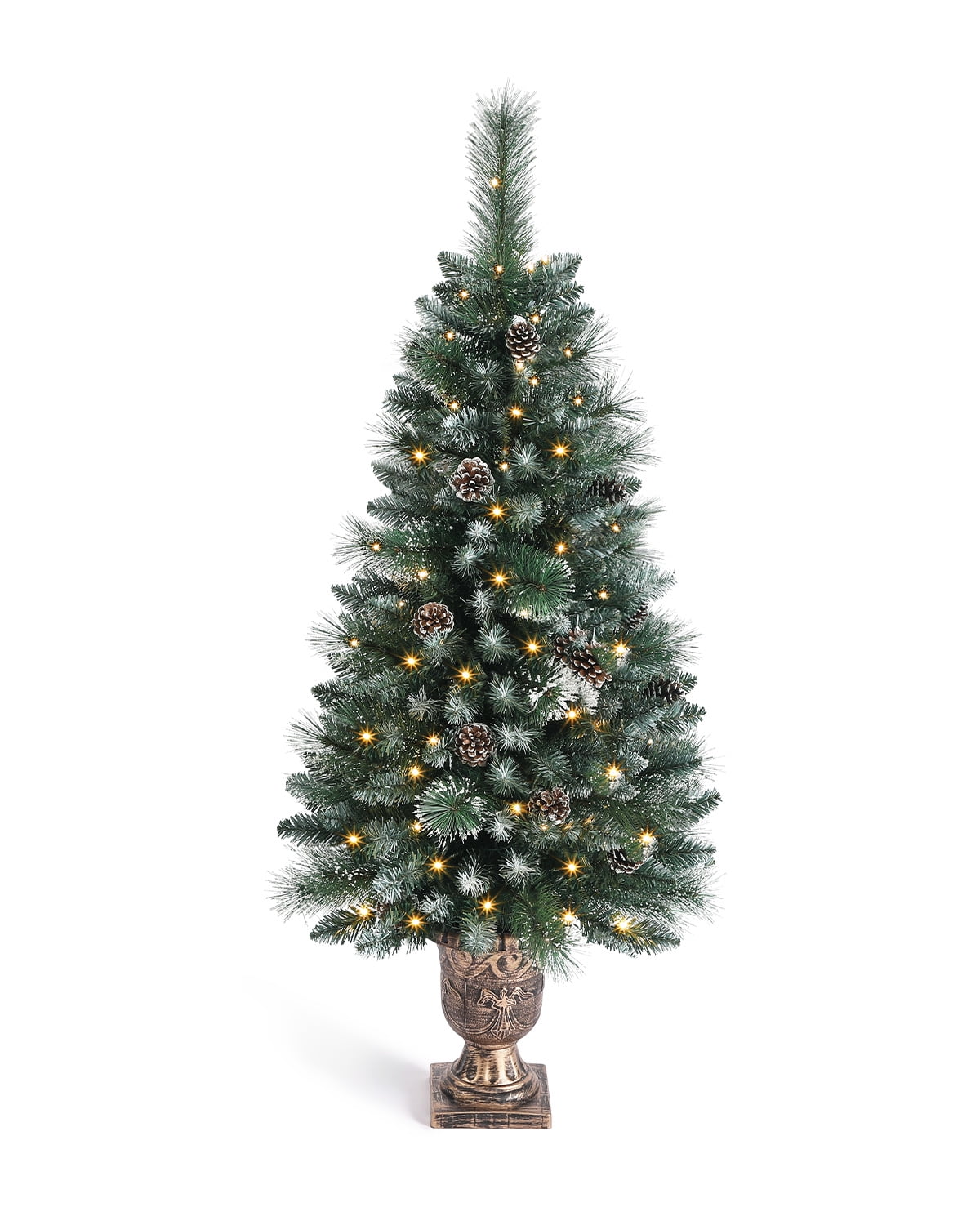OasisCraft 4FT Christmas Tree, Pre-lit Artificial Christmas Tree with Flowerpot Base, Small Entrance Christmas Tree with LED Lights, Outdoor Christmas Tree with Pine Cones