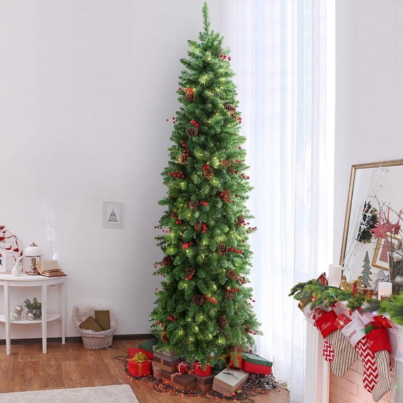 OasisCraft 6.5FT Prelit Slim Christmas Tree - Pine Tree with 250 Clear Lights, Pine Cones, and Red Berries for Festive Holiday Decor Metal Stand