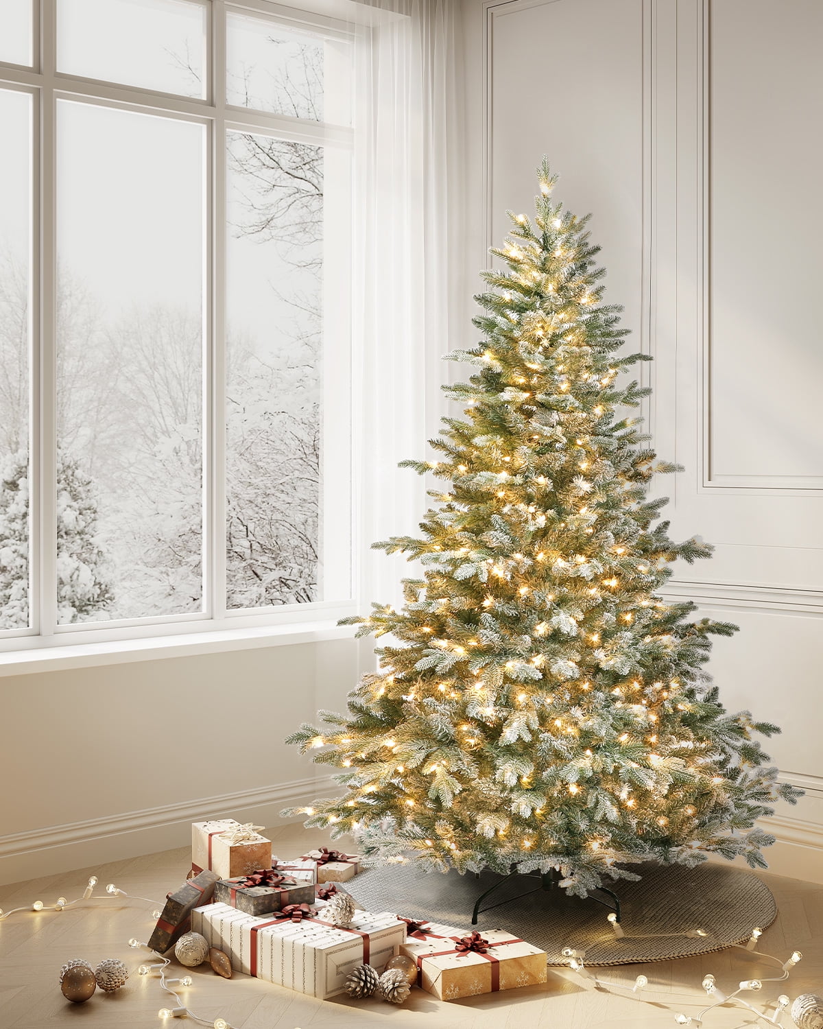 OasisCraft 7.5FT PreLit Flocked Aspen Fir Artificial Christmas Tree