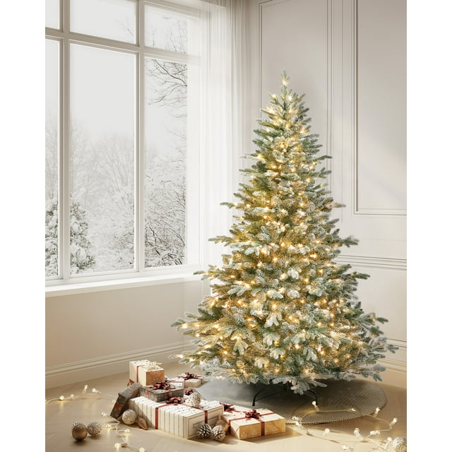 OasisCraft 7.5FT PreLit Flocked Aspen Fir Artificial Christmas Tree, PE & PVC 1116 Branch Tips