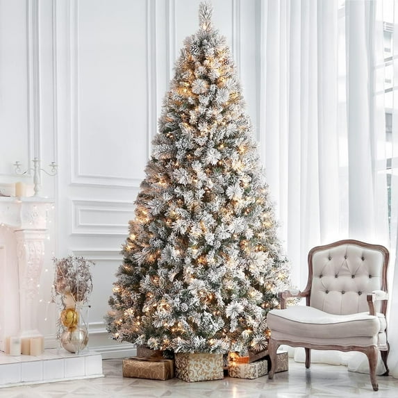 OasisCraft 7.5ft Flocked Christmas Tree Prelit, White Christmas Tree with Lights, Pre-Lit 550 Warm Lights with Pine Cones Red Berries Holiday Decor Artificial Trees