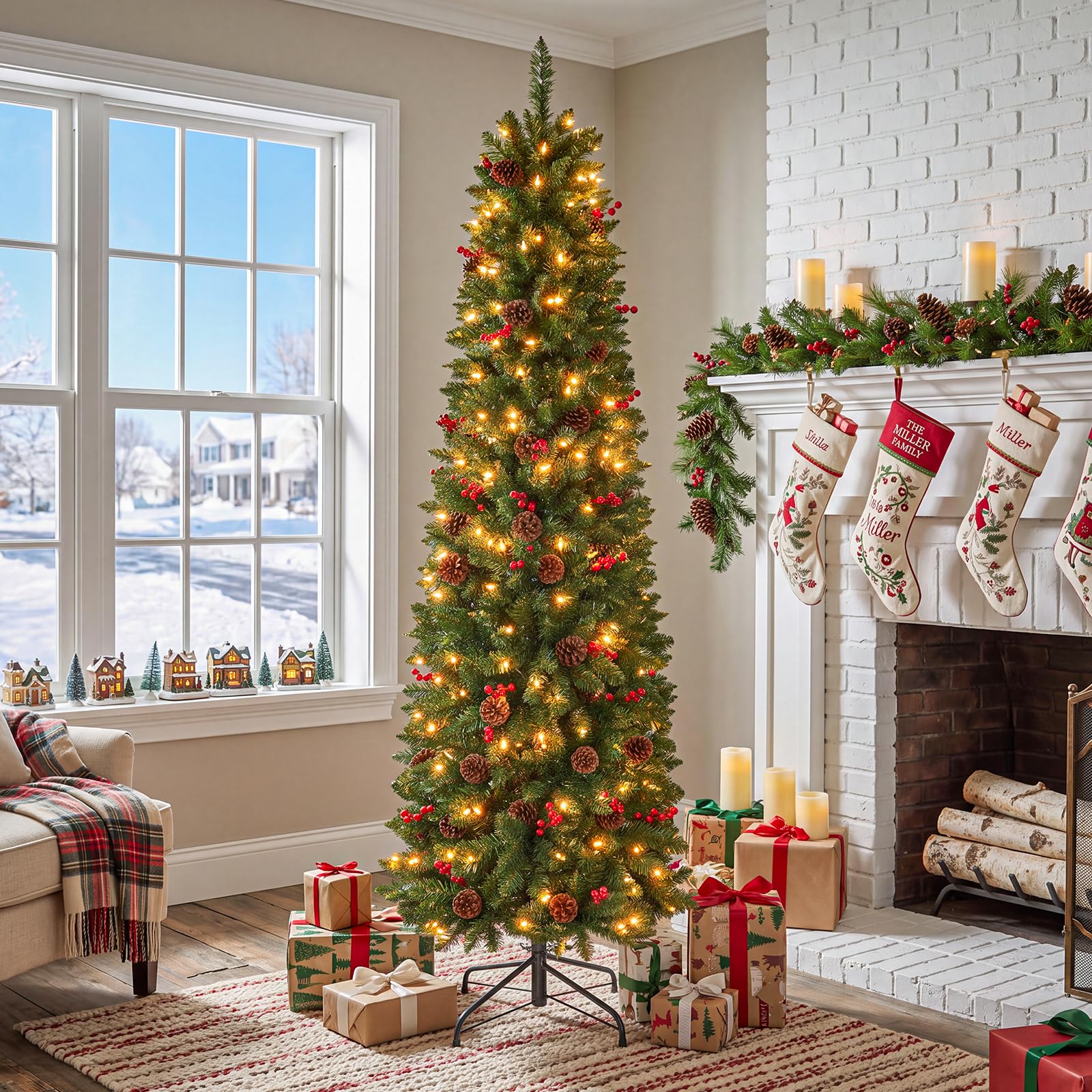 OasisCraft 7.5ft Prelit Slim Christmas Tree, Decorated with 350 Clear Lights and Realistic 900 Thicken Tips