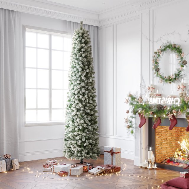 OasisCraft 9Ft Snow Flocked Artificial Pencil Christmas Tree Unlit