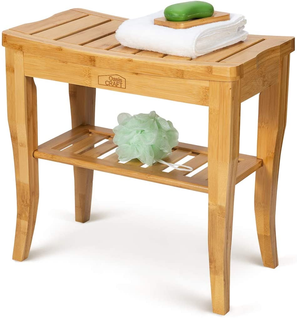 OasisCraft Bamboo Shower Bench and Chair with Free Soap Dish, 19" Waterproof Bamboo Shower Seat