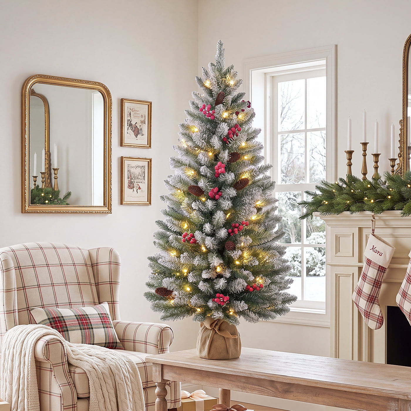 OasisCraft 4 FT Pre-Lit Artificial Christmas Tree with Pinecones & Red ...