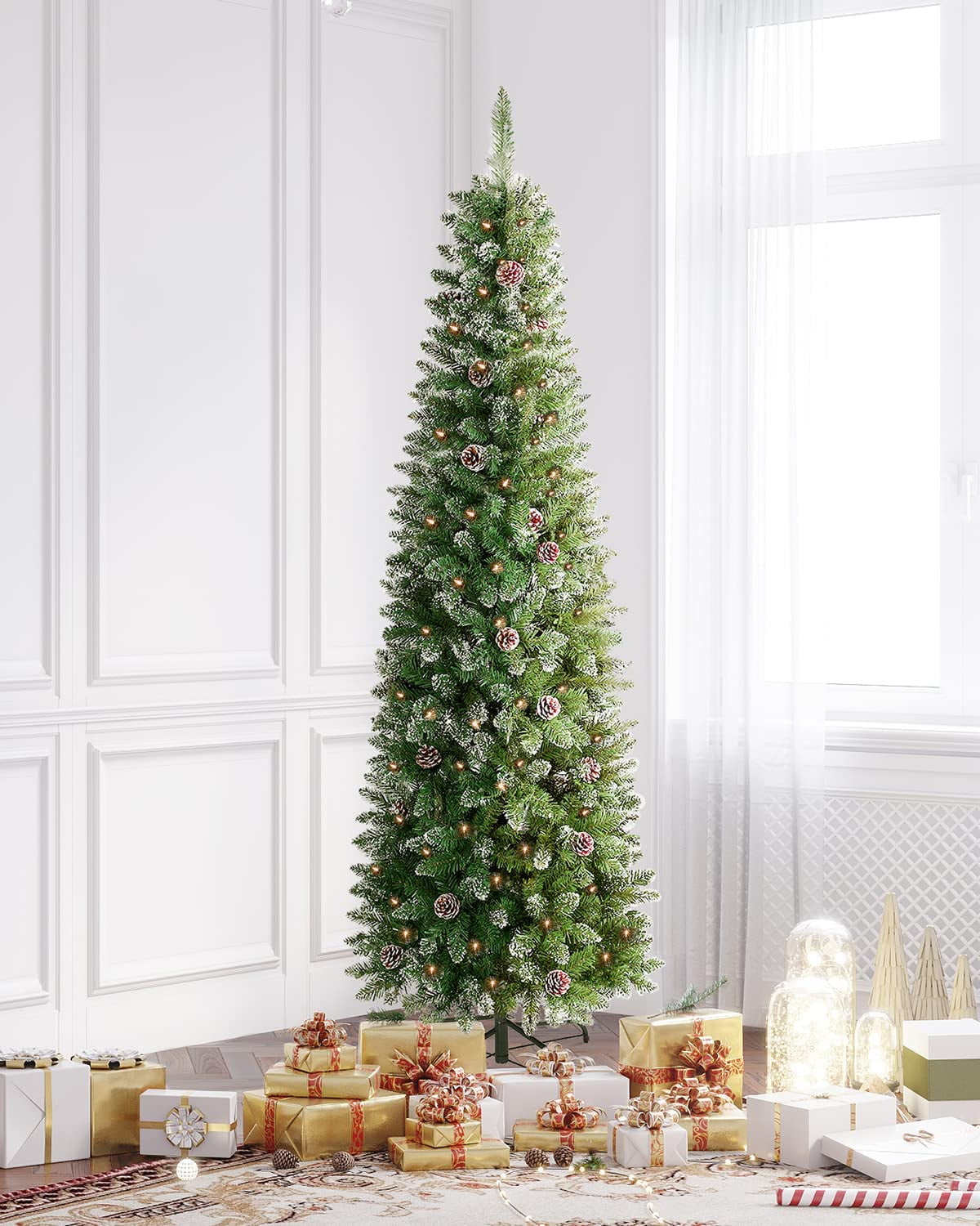 OasisCraft Flocked Pencil Christmas Tree Pre-lit, 6ft Hinged Artificial Snow Christmas Tree with Pine Cones, Skinny Xmas Tree with 250 Pre-Strung Lights for Holiday Decor Indoor & Outdoor