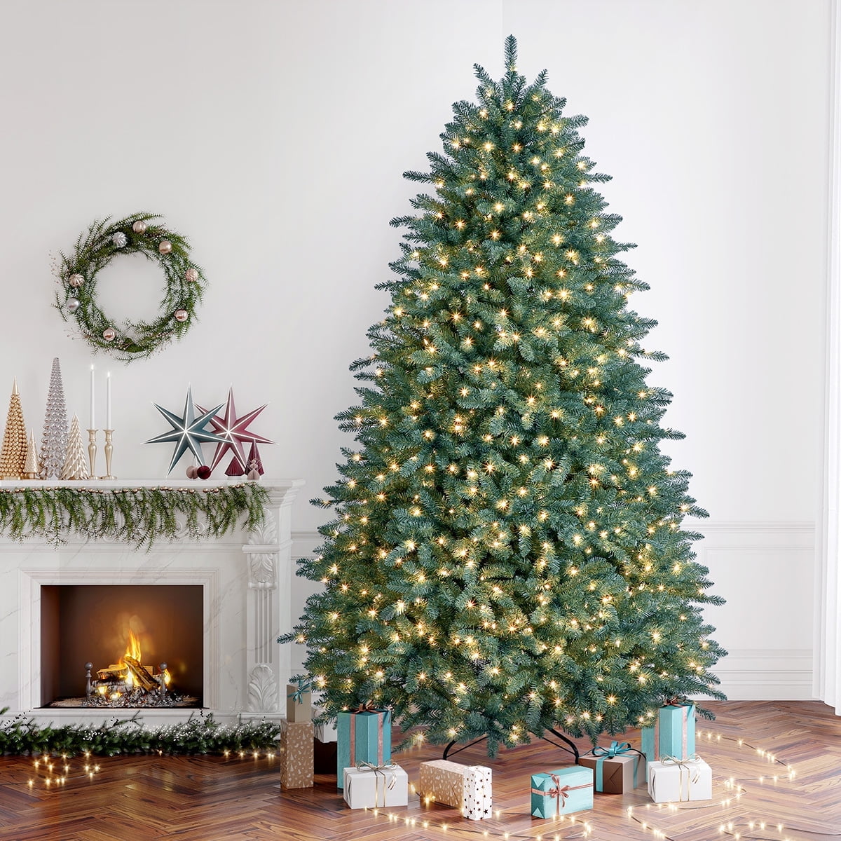 OasisCraft 6.5ft Blue Spruce Prelit Christmas Tree with 700 Clear Lights, Premium Hinged