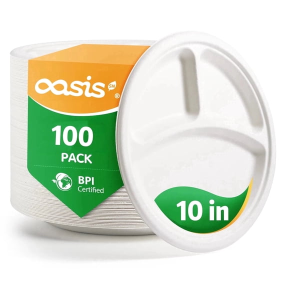 Sectional Microwave Paper Plates,OasisSN 10 Inch 100 Pack Party Plates 3-Compartment Paper Plates Divided Compostable Disposable Platter for Party,Buffet,Big Game
